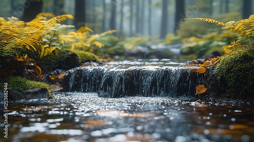 Autumn forest stream, cascading water, misty background, nature scene