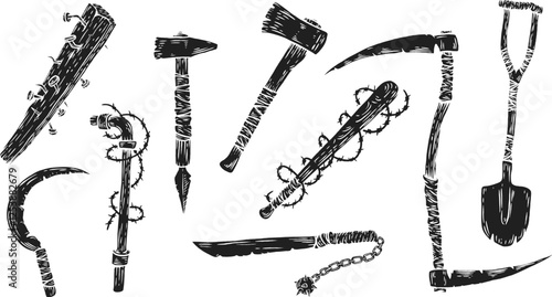 Shovel, scythe, baseball bat, machete, hammer, water pipe, sickle, axe, board with nails in hand draw sketch style. Creative art element for tattoo, print, game. Grunge concept design. Vector art.