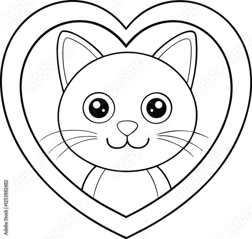 Adorable Cat Face Inside a Heart Shaped Frame, Line Art