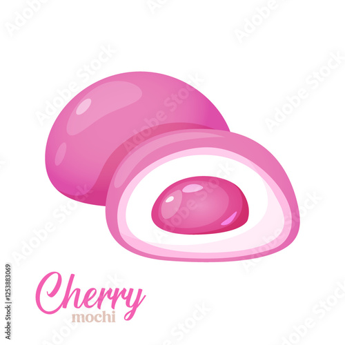 Vector icon of japanese dessert mochi with cherry flavor isolated on white background.