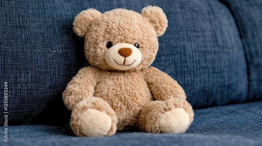 Teddy bear sitting on blue couch Teddy bear sitting on blue couch