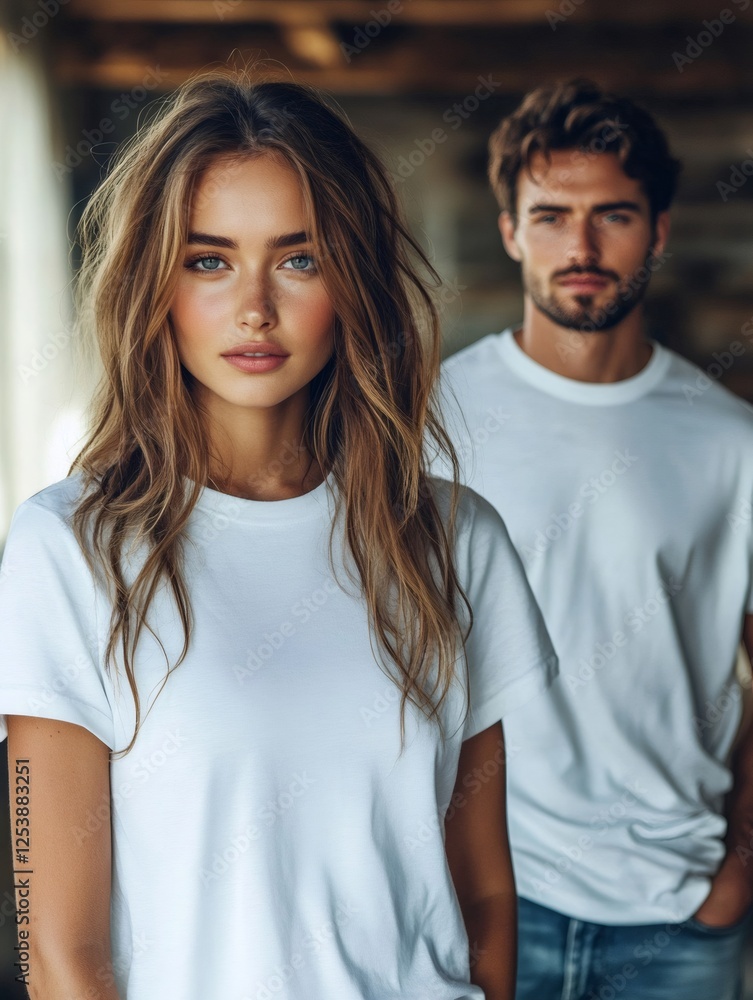 Fototapeta premium Fashion models posing in white t shirts, casual style and confidence