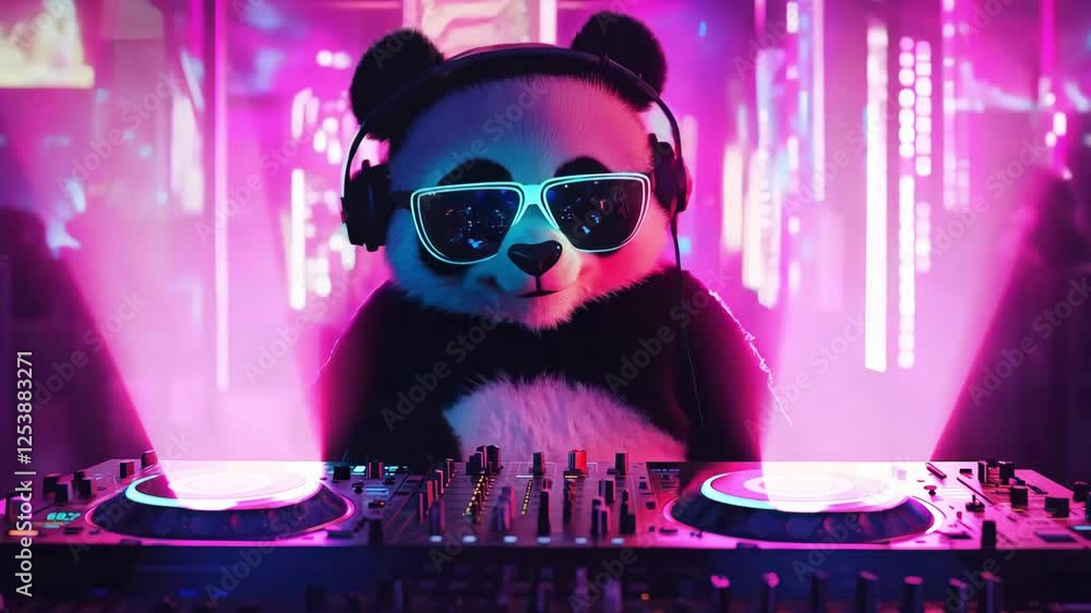 A panda dj in headphones mixes music in a lively club, surrounded by colorful neon lights and an excited crowd