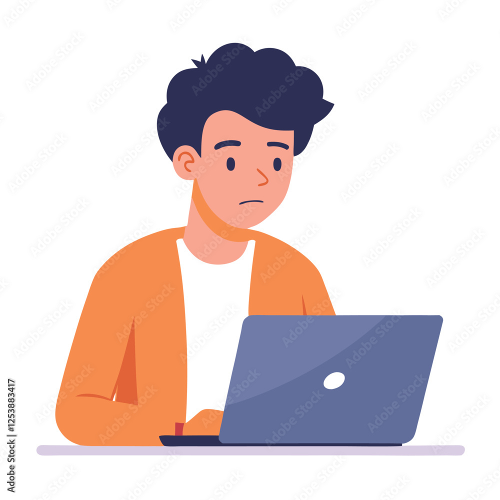 Bored Young Man Studying at Laptop ? Freelancer Burnout Vector Illustration 1.eps Bored Young Man Studying at Laptop ? Freelancer Burnout Vector Illustration 1.eps