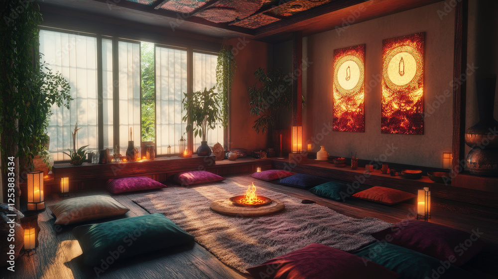 Fototapeta premium Candlelit Meditation Room with Floor Cushions