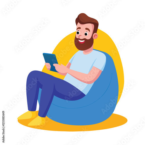 Handsome Cartoon Beard Man Using Smartphone on Blue Bean Bag ? 3D Render & Clipart.eps