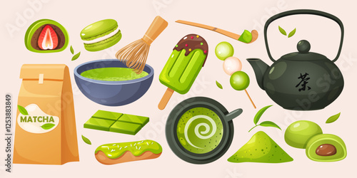 Vector collection of yummy desserts different types with matcha flavors isolated on white background.
