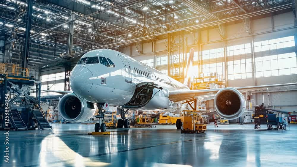 An aircraft is serviced in a spacious hangar, illuminated by sunlight streaming through large windows An aircraft is serviced in a spacious hangar, illuminated by sunlight streaming through large windows