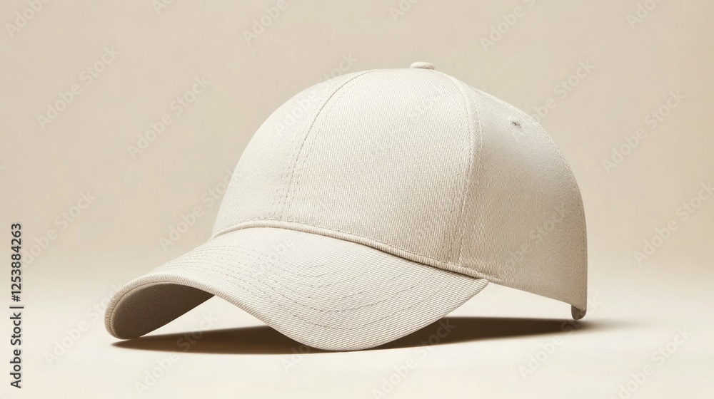 Fototapeta premium Beige baseball cap mockup, studio shot, neutral background, apparel design