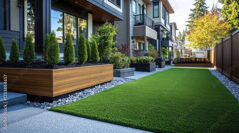 A row of modern townhouses with well-kept front yards featuring synthetic grass, wooden dividers, and sleek outdoor lighting. A row of modern townhouses with well-kept front yards featuring synthetic grass, wooden dividers, and sleek outdoor lighting.