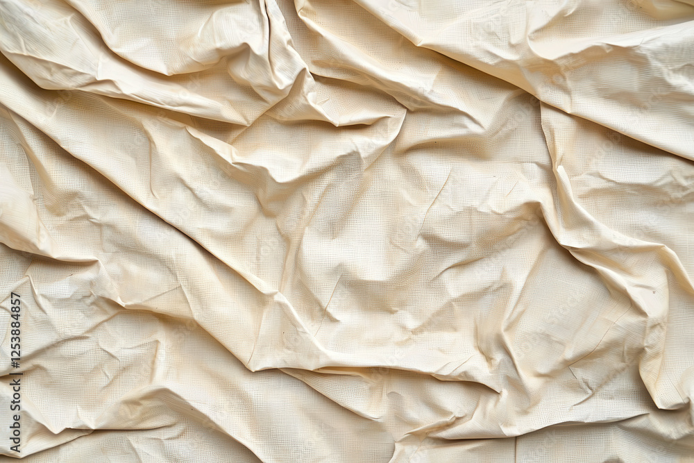Obraz premium Crumpled beige fabric texture with soft folds and creases, ideal for backgrounds