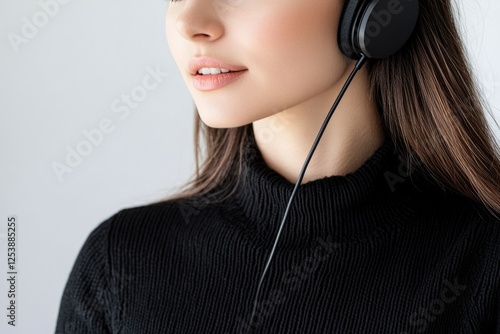 A young woman wearing a pair of black headphones, possibly in an audio recording or music production setting photo