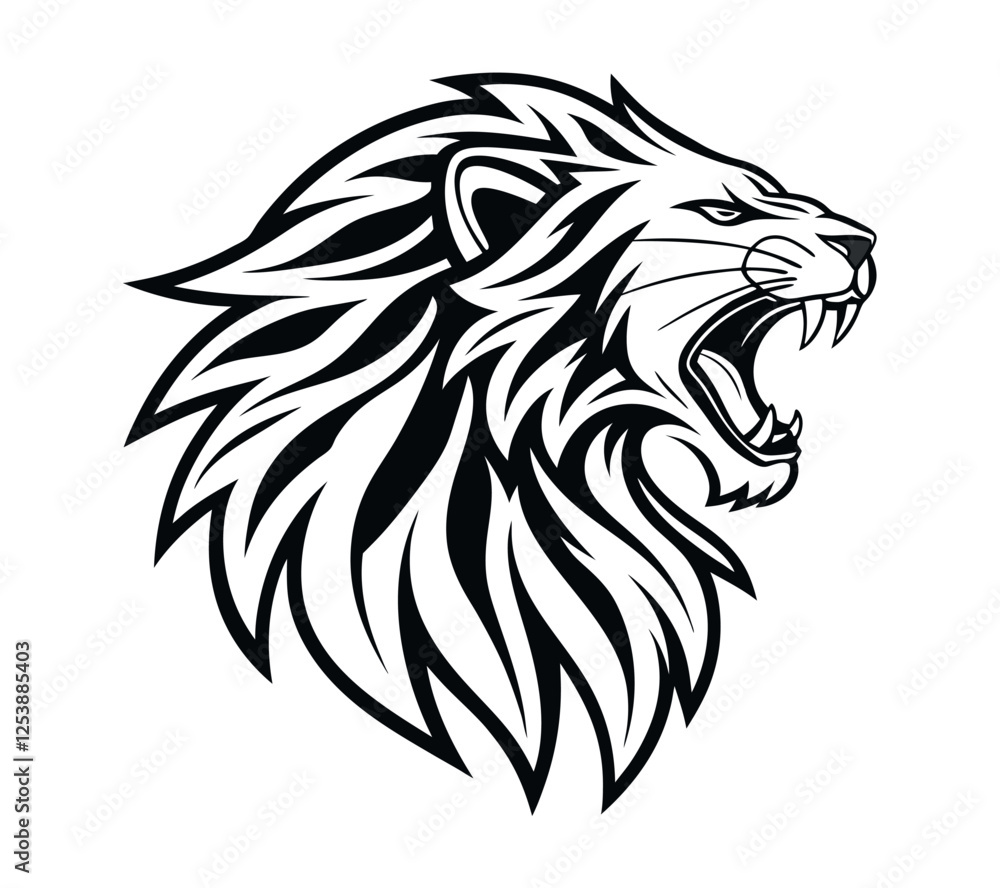 A high-contrast black and white vector illustration of a roaring lion's head, A high-contrast black and white vector illustration of a roaring lion's head,