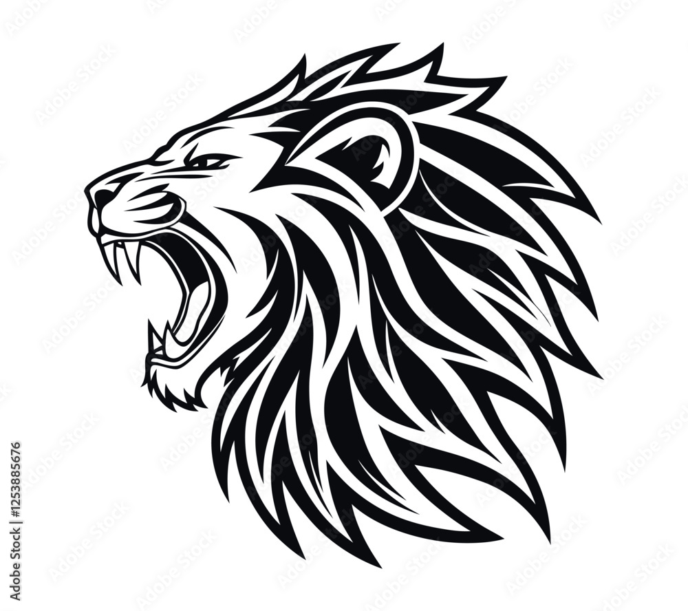 A high-contrast black and white vector illustration of a roaring lion's head, A high-contrast black and white vector illustration of a roaring lion's head,