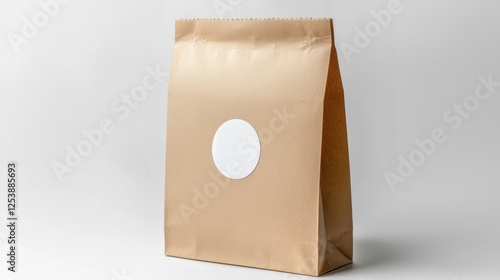 A brown kraft paper bag with a white circular sticker in the center, set in natural light, perfect for eco-friendly packaging mockups