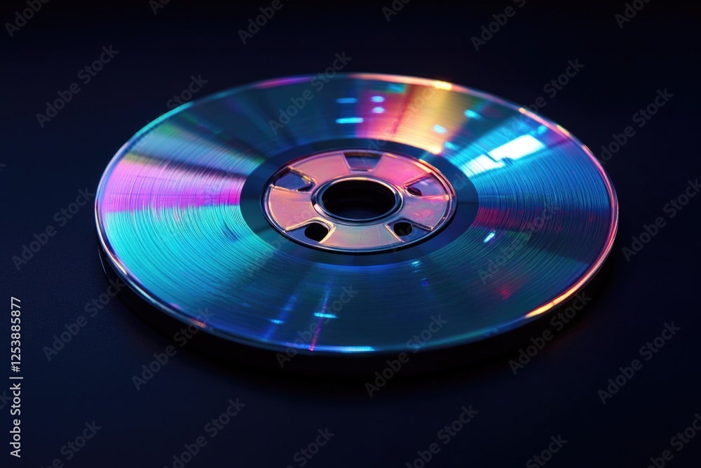A close-up of a shiny disc sitting on a black surface, perfect for use in product or technology-related contexts A close-up of a shiny disc sitting on a black surface, perfect for use in product or technology-related contexts