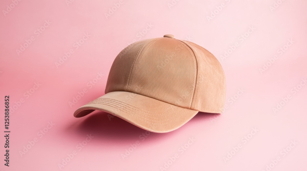 Fototapeta premium Beige corduroy baseball cap on pink background