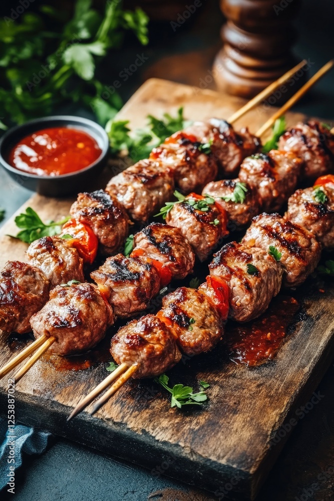 Freshly cooked meat served on a wooden cutting board, perfect for serving at outdoor gatherings or picnics