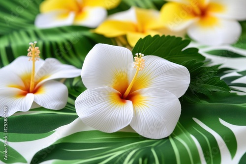 White and yellow hibiscus flowers on a tropical leaf print fabric, background. photo