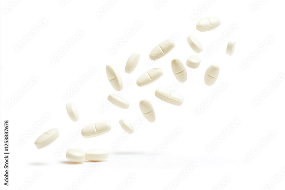 A group of white pills suspended in mid-air A group of white pills suspended in mid-air