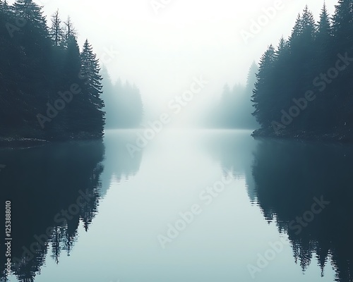 Fototapeta Naklejka Na Ścianę i Meble -  Quiet lake surrounded by dense forest the surface of the water reflecting the misty sky