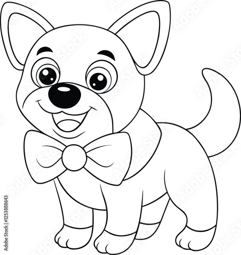 Adorable Cartoon Puppy Outline, Coloring Page, Dog, Bowtie, Pet, Cute, Canine, Drawing, Illustration