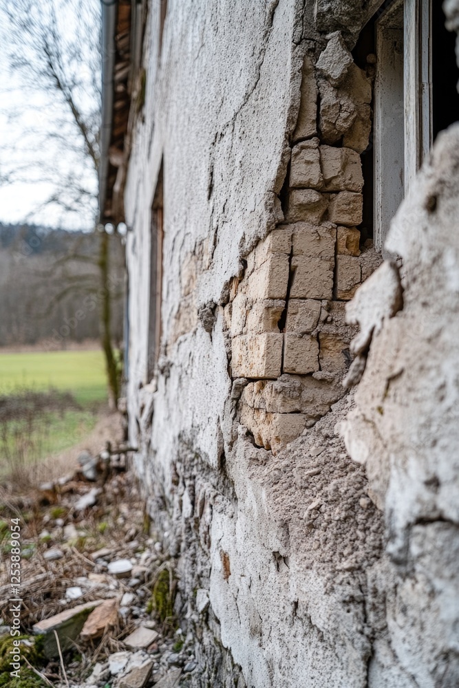 Abandoned building with damaged glass and worn-out bricks Abandoned building with damaged glass and worn-out bricks