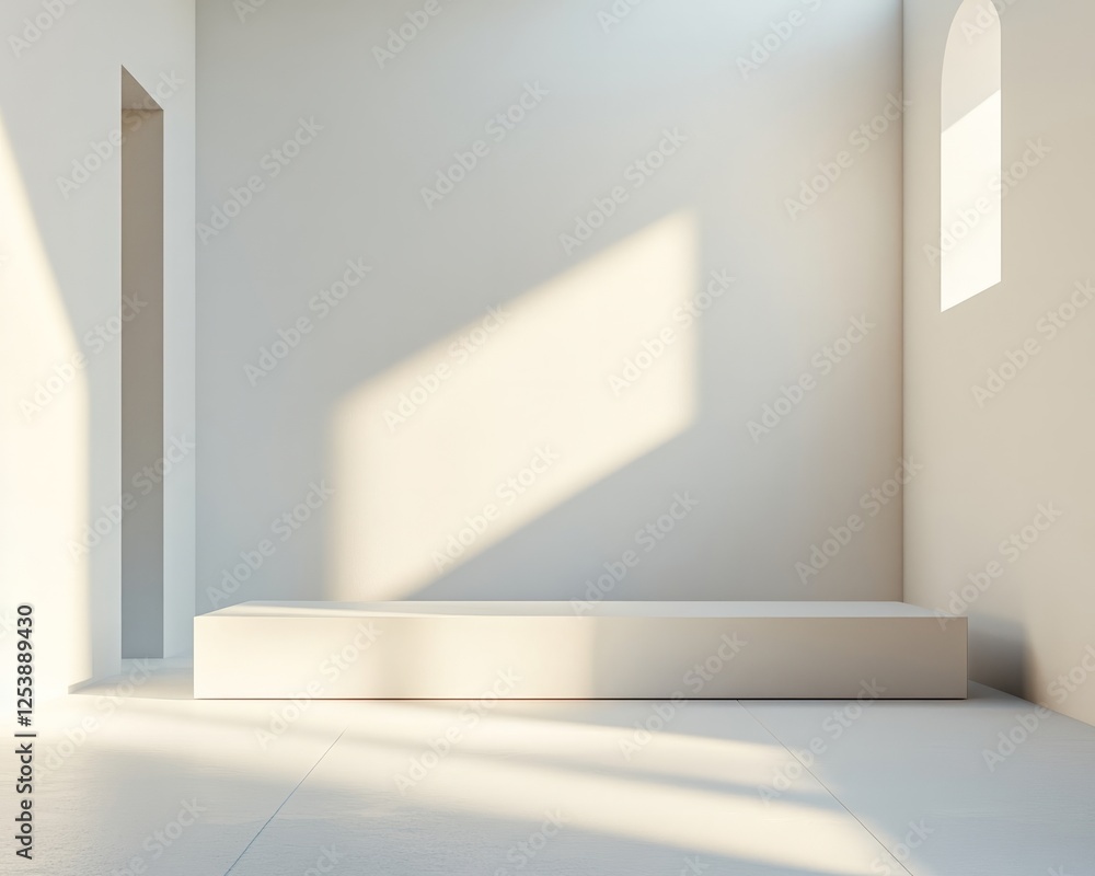 Minimalist podium with sharp edges, placed in a seamless white cube room Minimalist podium with sharp edges, placed in a seamless white cube room