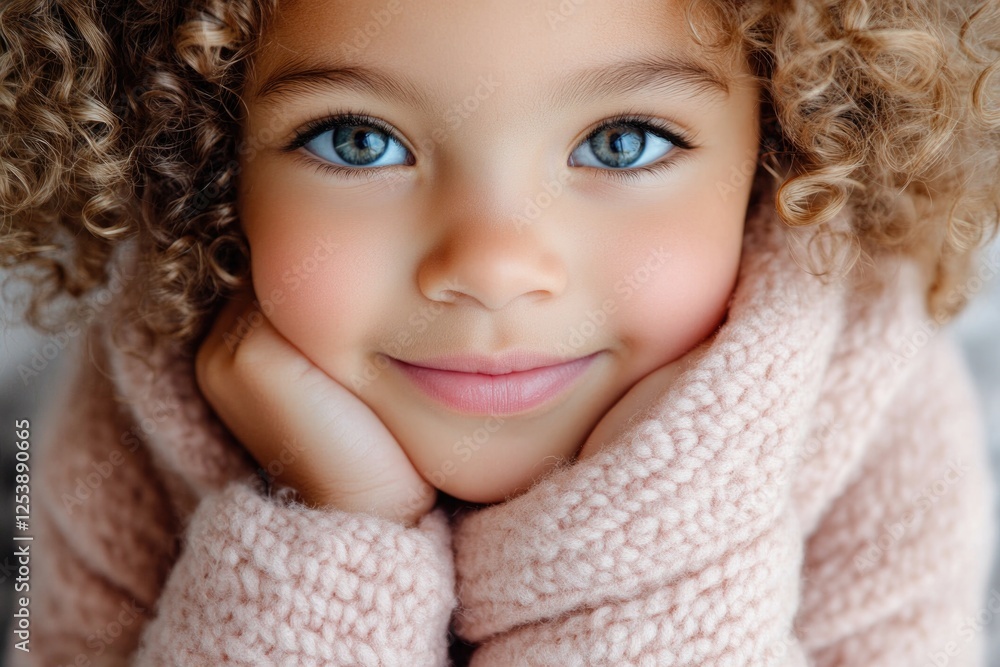 A young child with curly locks and a bright pink sweater, perfect for any childhood or family occasion A young child with curly locks and a bright pink sweater, perfect for any childhood or family occasion