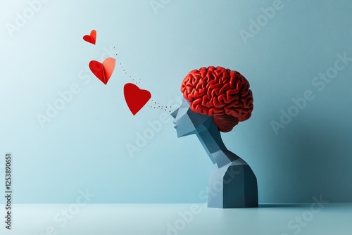 A thought-provoking artistic sculpture of a brain releasing heart symbols, illustrating the profound emotional connections between intellect and feelings of love.