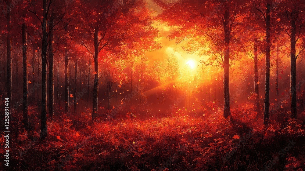 Fototapeta premium A serene autumn forest scene illuminated by warm sunlight and falling leaves.