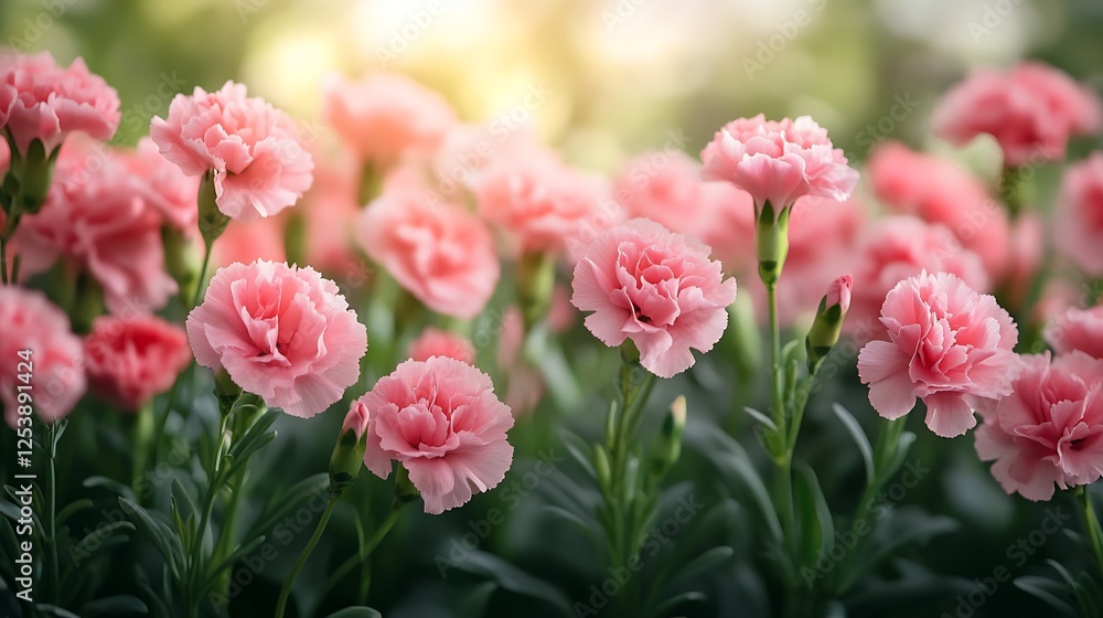 Lush garden filled vibrant pink carnations green foliage bright natural light Lush garden filled vibrant pink carnations green foliage bright natural light