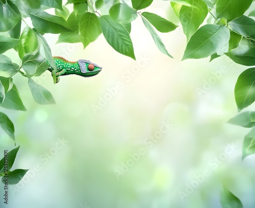 A tranquil summer background of blurred green leaves with a chameleon blending seamlessly into the natural surroundings.