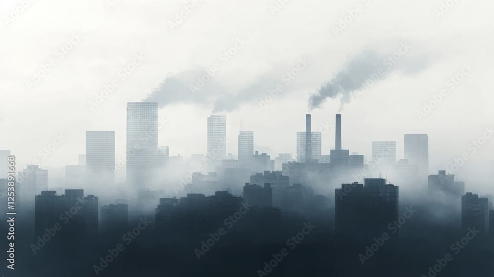 City skyline enveloped in thick smog with industrial chimneys emitting smoke at dusk. Generative AI City skyline enveloped in thick smog with industrial chimneys emitting smoke at dusk. Generative AI