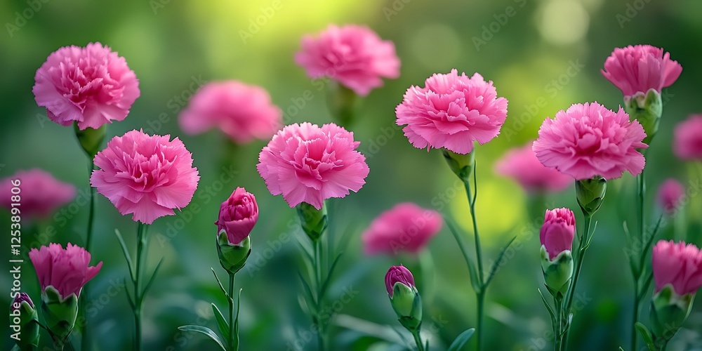 Fototapeta premium Magenta carnation blossoms closeup fresh vibrant lush green background
