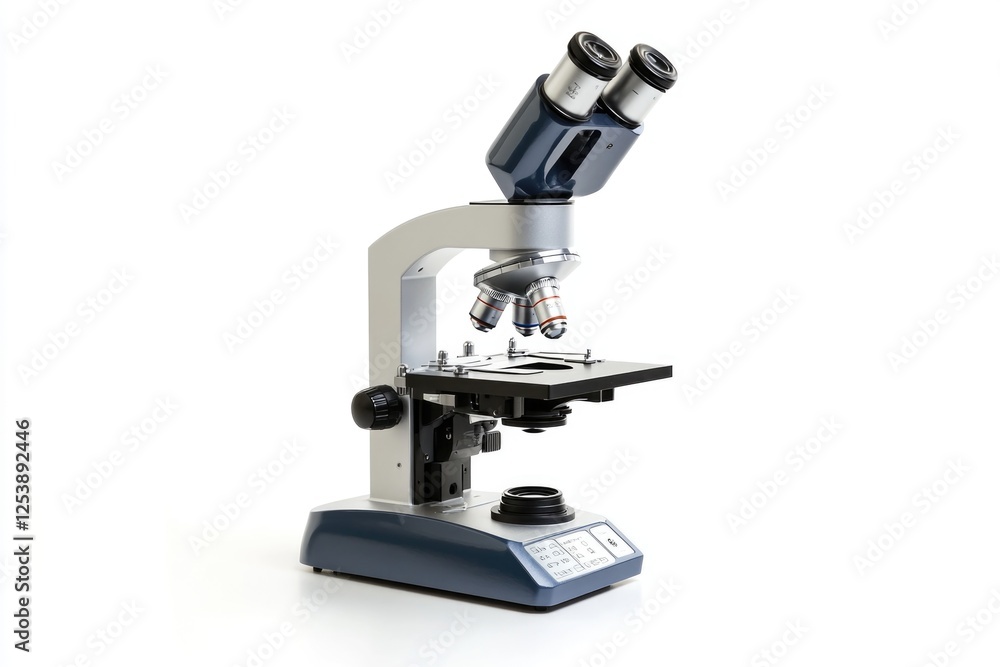 Close-up shot of a microscope on a white surface, ideal for science and laboratory-themed illustrations Close-up shot of a microscope on a white surface, ideal for science and laboratory-themed illustrations