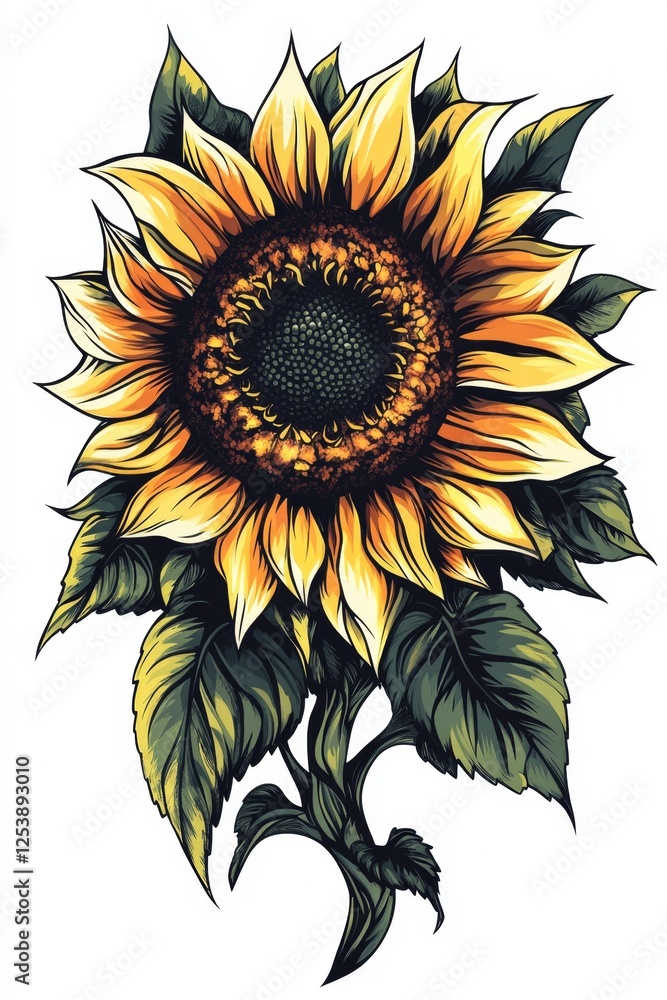 Fototapeta premium Vibrant sunflower illustration, detailed botanical design, isolated on white
