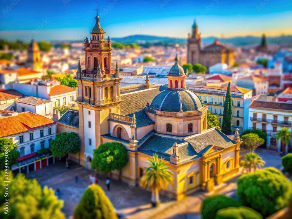 Naklejka premium Tilt-shift photography transforms Seville's San Marcos Church, showcasing its stunning medieval Andalusian details.