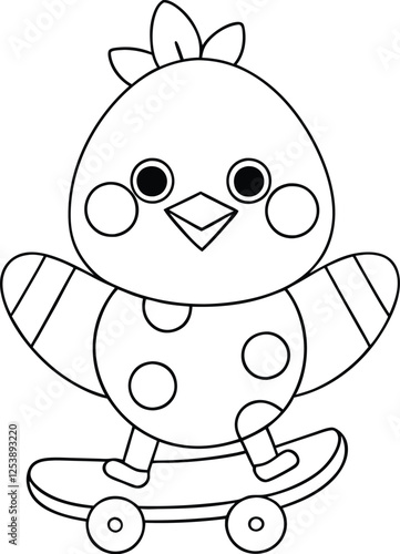 Adorable Cartoon Chick Skateboarding Fun, Cute, Drawing, Coloring Page