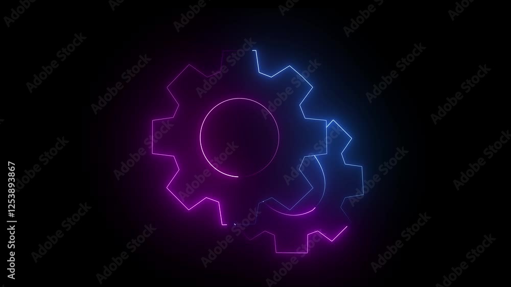 Gear Rotation and setting icon by neon line,Gear wheels turning together.
