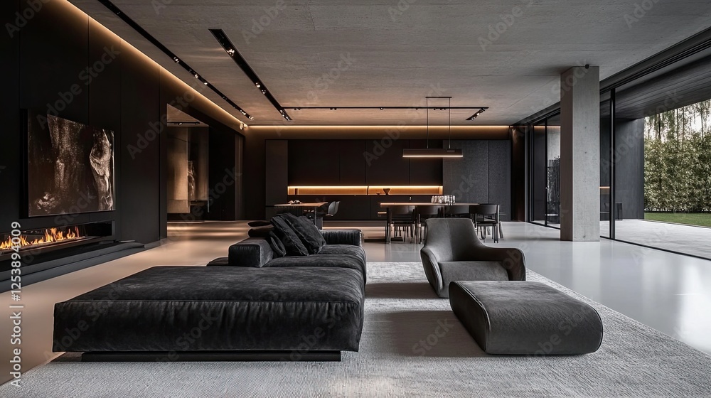 Cozy modern interior with a black sofa, sleek armchair, and warm accent lighting, set against a white open-concept living space. Cozy modern interior with a black sofa, sleek armchair, and warm accent lighting, set against a white open-concept living space.