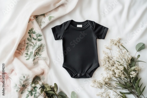 Black baby bodysuit mockup, floral backdrop, white sheet photo