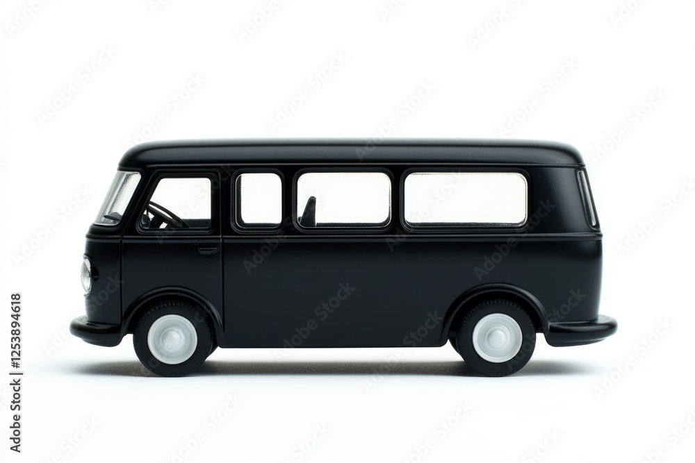 A small black toy bus sitting on a clean white surface A small black toy bus sitting on a clean white surface