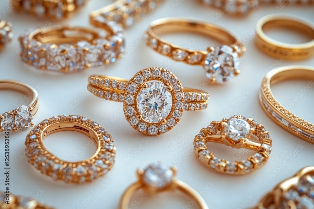 Elegant gold rings with sparkling diamonds displayed Elegant gold rings with sparkling diamonds displayed