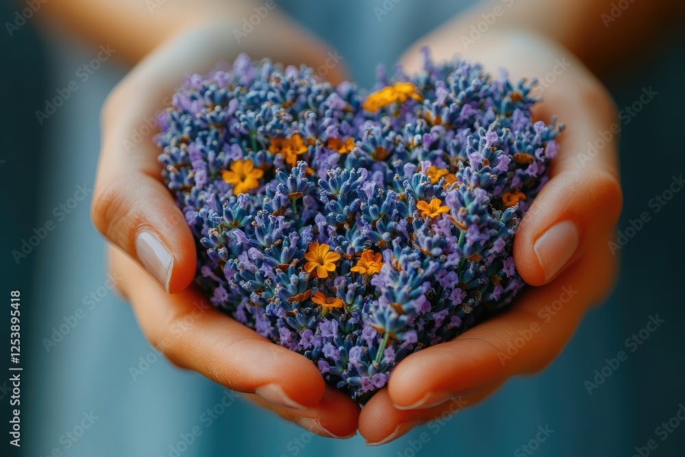 Heart shaped flowers held gently in caring hands Heart shaped flowers held gently in caring hands