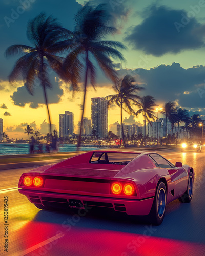 Vintage sports car cruising at sunset in miami