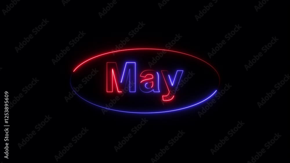 Glowing colorful light neon text month of May . Abstract glowing May month text neon light effect background animation. 3d illustration rendering Glowing colorful light neon text month of May . Abstract glowing May month text neon light effect background animation. 3d illustration rendering