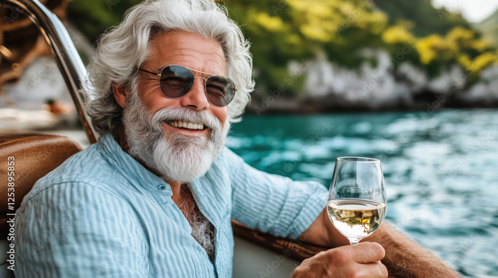 A man with a white beard smiles while relaxing on a boat, holding a glass of wine. Surrounded by beautiful ocean views, he embraces leisure and friendship during his vacation A man with a white beard smiles while relaxing on a boat, holding a glass of wine. Surrounded by beautiful ocean views, he embraces leisure and friendship during his vacation