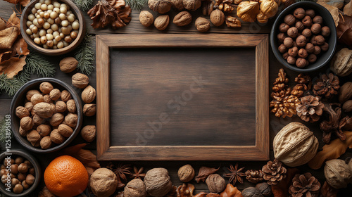 Different nuts on a wooden table. Cedar, cashew, hazelnut, walnu