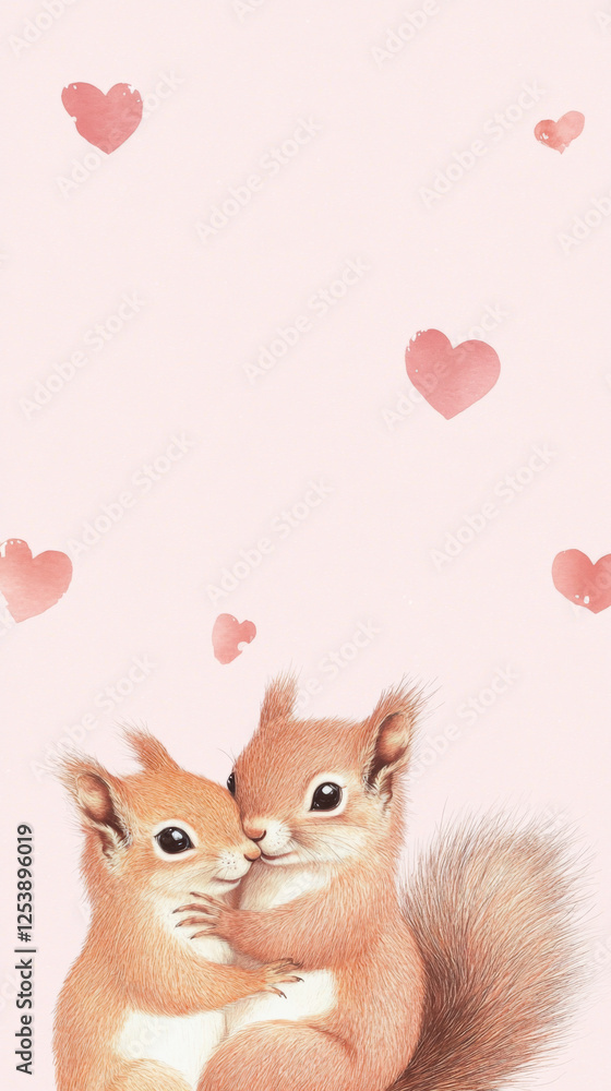 Valentines day squirrels cuddling with pink hearts vertical background Valentines day squirrels cuddling with pink hearts vertical background